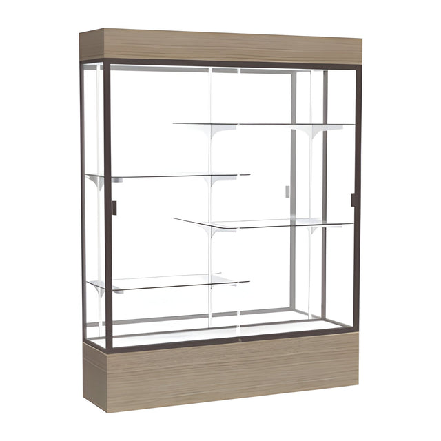 Reliant Lighted Driftwood Oak case, White Laminate Back w/ Dark Bronze aluminum frame finish, 80"H x 60"W x 16"D