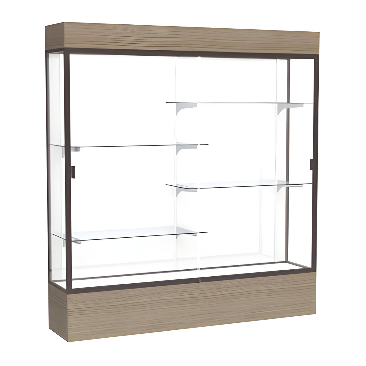 Reliant Lighted Driftwood Oak case, White Laminate Back w/ Dark Bronze aluminum frame finish, 80"H x 72"W x 16"D