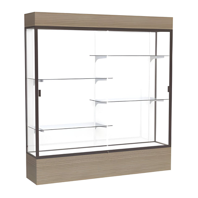 Reliant Lighted Driftwood Oak case, White Laminate Back w/ Dark Bronze aluminum frame finish, 80"H x 72"W x 16"D