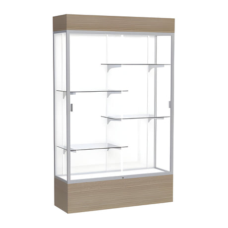Reliant Lighted Driftwood Oak case, White Laminate Back w/ Satin Natural aluminum frame finish, 80"H x 48"W x 16"D