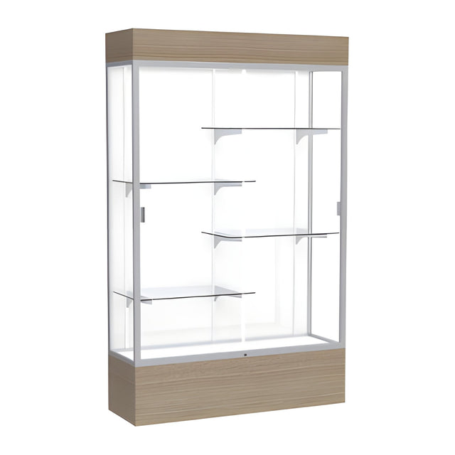 Reliant Lighted Driftwood Oak case, White Laminate Back w/ Satin Natural aluminum frame finish, 80"H x 48"W x 16"D