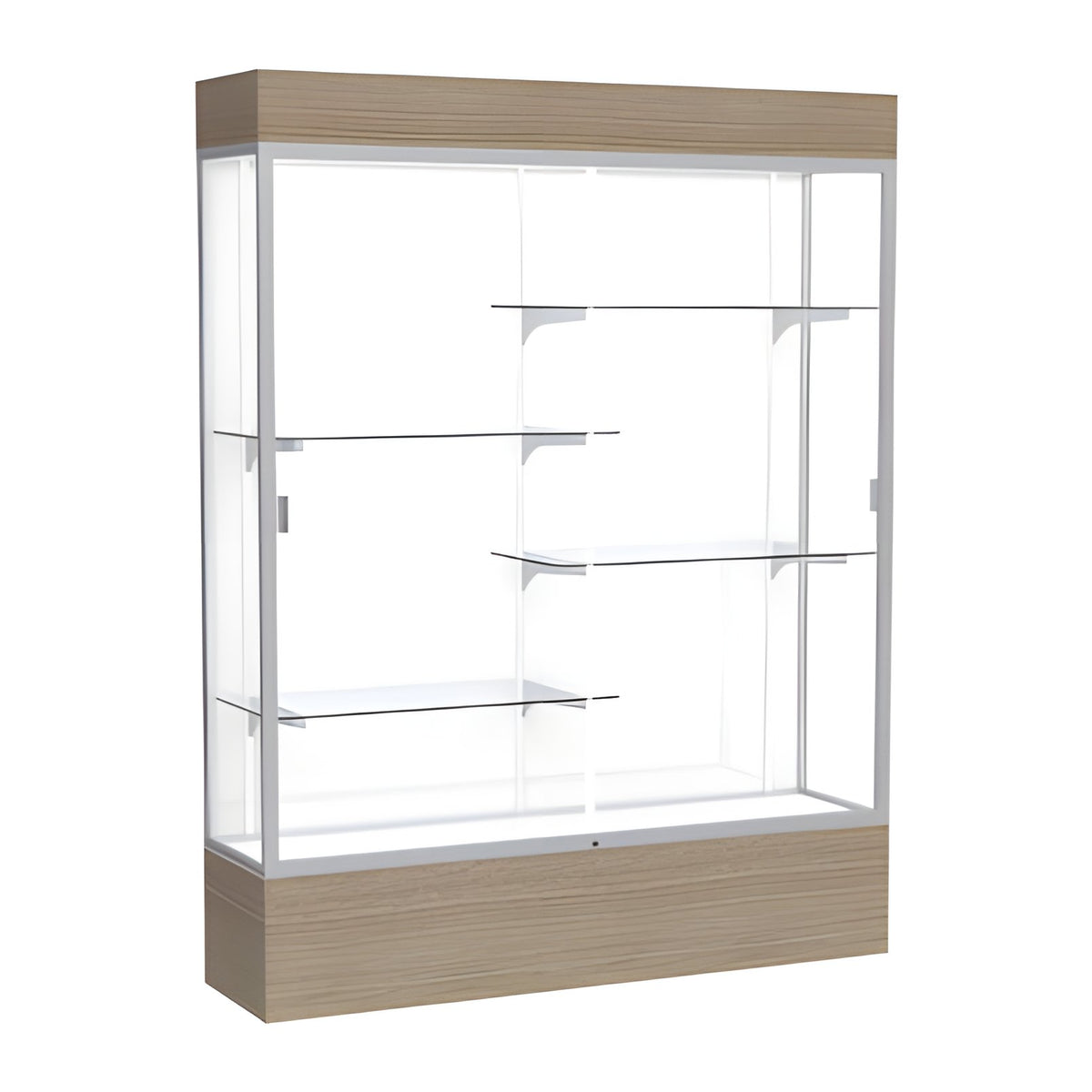Reliant Lighted Driftwood Oak case, White Laminate Back w/ Satin Natural aluminum frame finish, 80"H x 60"W x 16"D