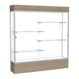 Reliant Lighted Driftwood Oak case, White Laminate Back w/ Satin Natural aluminum frame finish, 80"H x 72"W x 16"D