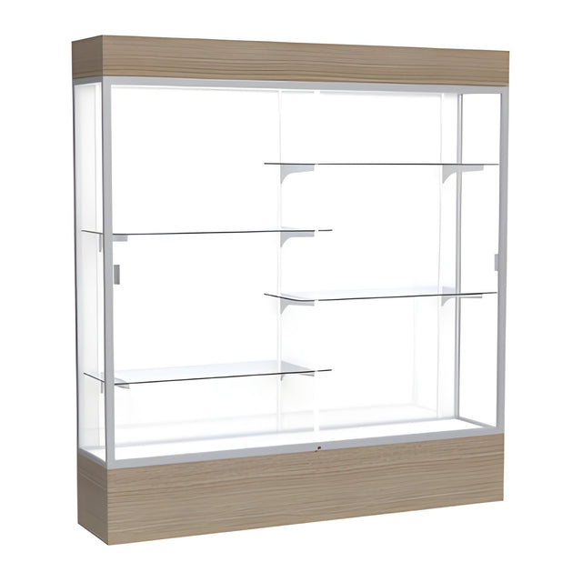 Reliant Lighted Driftwood Oak case, White Laminate Back w/ Satin Natural aluminum frame finish, 80"H x 72"W x 16"D