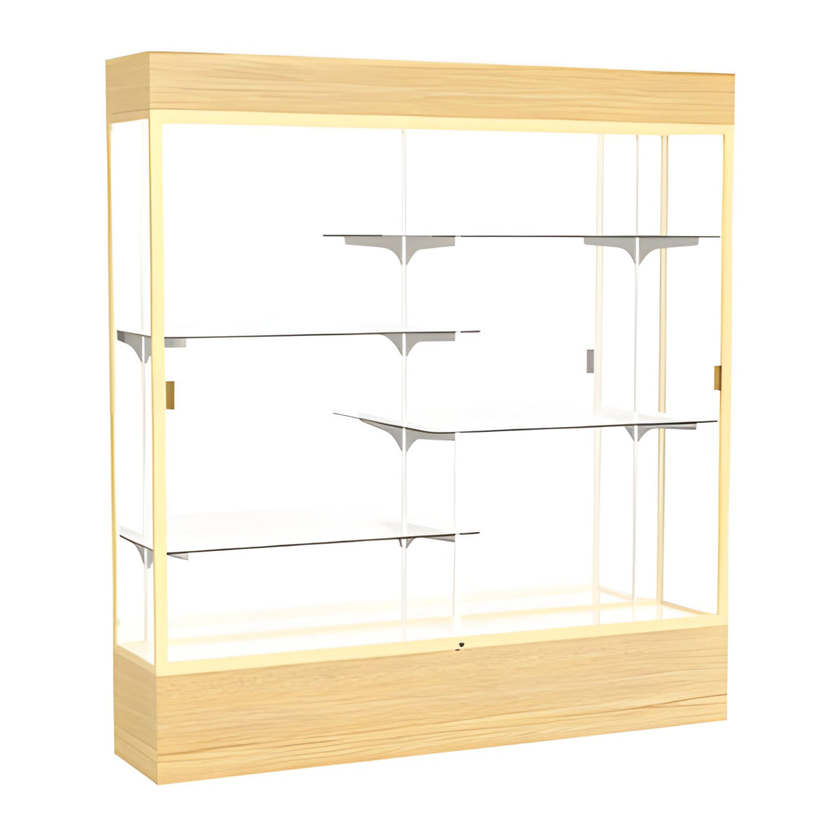 Reliant Lighted Light Oak Vinyl case, Mirror Back w/ Champagne aluminum frame finish, 80"H x 72"W x 16"D