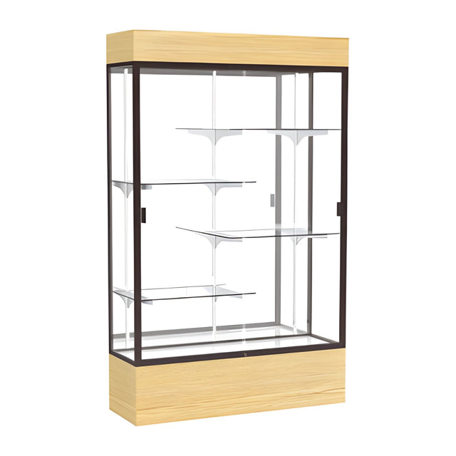Reliant Lighted Light Oak Vinyl case, Mirror Back w/ Dark Bronze aluminum frame finish, 80"H x 48"W x 16"D