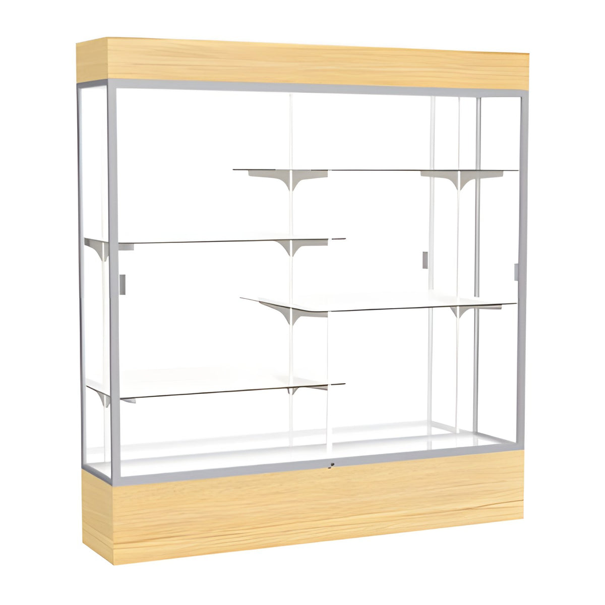 Reliant Lighted Light Oak Vinyl case, Mirror Back w/ Satin Natural aluminum frame finish, 80"H x 72"W x 16"D