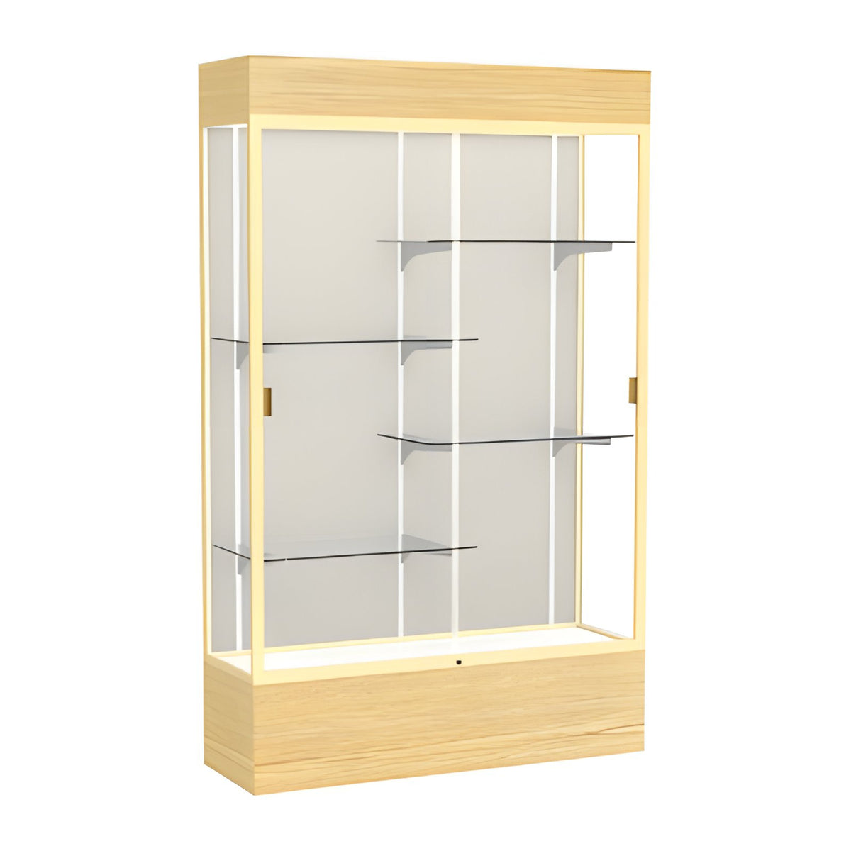 Reliant Lighted Light Oak Vinyl case, Plaque Fabric Back w/ Champagne aluminum frame finish, 80"H x 48"W x 16"D