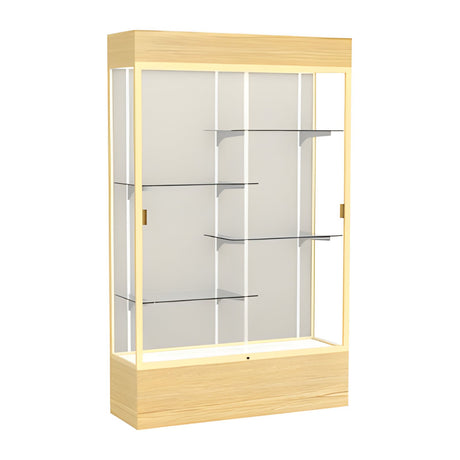 Reliant Lighted Light Oak Vinyl case, Plaque Fabric Back w/ Champagne aluminum frame finish, 80"H x 48"W x 16"D