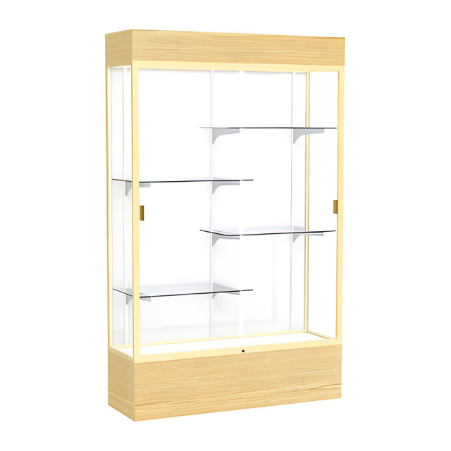Reliant Lighted Light Oak Vinyl case, White Laminate Back w/ Champagne aluminum frame finish, 80"H x 48"W x 16"D