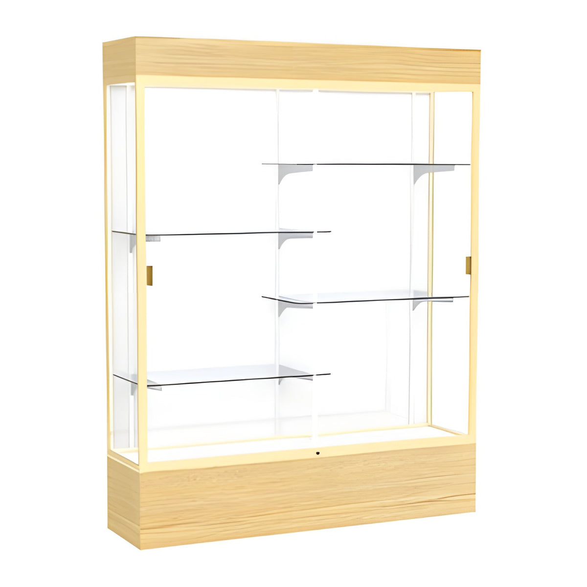 Reliant Lighted Light Oak Vinyl case, White Laminate Back w/ Champagne aluminum frame finish, 80"H x 60"W x 16"D