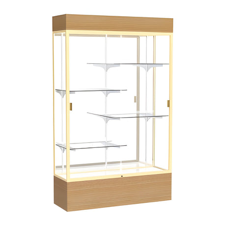Reliant Lighted Natural Oak case, Mirror Back w/ Champagne aluminum frame finish, 80"H x 48"W x 16"D