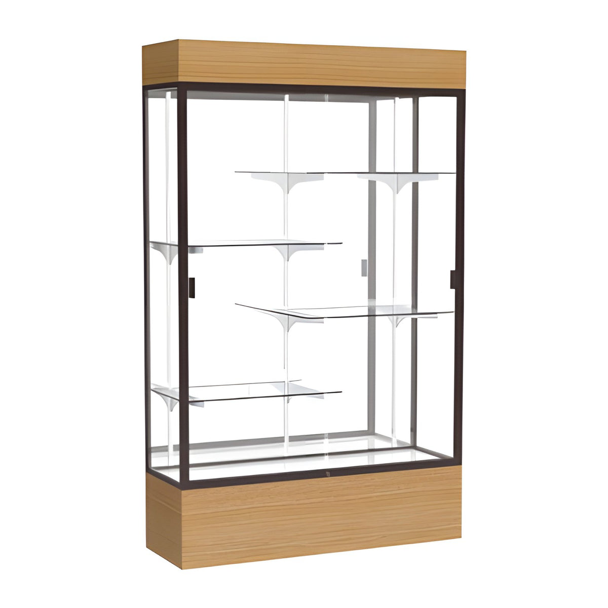Reliant Lighted Natural Oak case, Mirror Back w/ Dark Bronze aluminum frame finish, 80"H x 48"W x 16"D