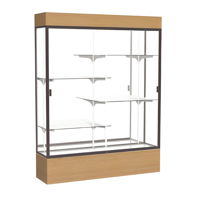Reliant Lighted Natural Oak case, Mirror Back w/ Dark Bronze aluminum frame finish, 80"H x 60"W x 16"D