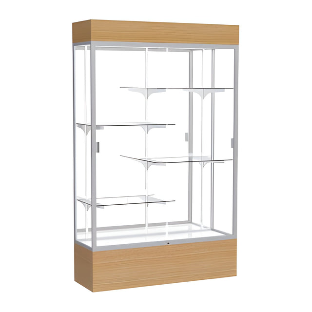 Reliant Lighted Natural Oak case, Mirror Back w/ Satin Natural aluminum frame finish, 80"H x 48"W x 16"D