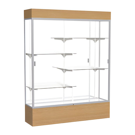 Reliant Lighted Natural Oak case, Mirror Back w/ Satin Natural aluminum frame finish, 80"H x 60"W x 16"D