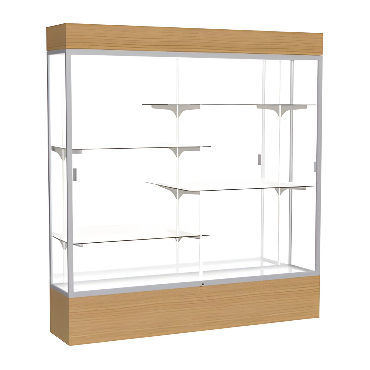 Reliant Lighted Natural Oak case, Mirror Back w/ Satin Natural aluminum frame finish, 80"H x 72"W x 16"D