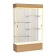 Reliant Lighted Natural Oak case, Plaque Fabric Back w/ Champagne aluminum frame finish, 80"H x 48"W x 16"D