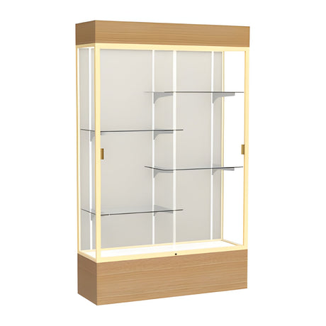 Reliant Lighted Natural Oak case, Plaque Fabric Back w/ Champagne aluminum frame finish, 80"H x 48"W x 16"D