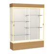 Reliant Lighted Natural Oak case, Plaque Fabric Back w/ Champagne aluminum frame finish, 80"H x 60"W x 16"D