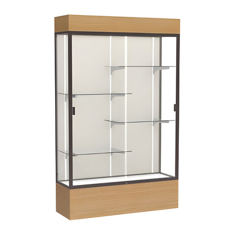 Reliant Lighted Natural Oak case, Plaque Fabric Back w/ Dark Bronze aluminum frame finish, 80"H x 48"W x 16"D
