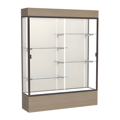 Reliant Lighted Natural Oak case, Plaque Fabric Back w/ Dark Bronze aluminum frame finish, 80"H x 60"W x 16"D