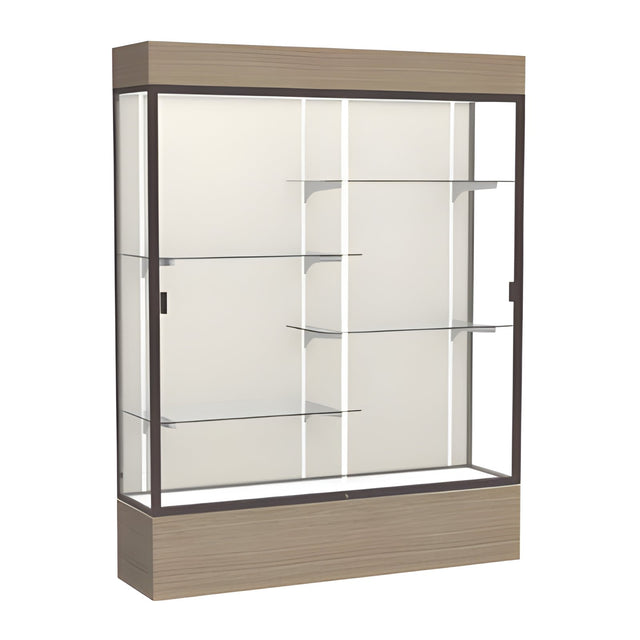 Reliant Lighted Natural Oak case, Plaque Fabric Back w/ Dark Bronze aluminum frame finish, 80"H x 60"W x 16"D