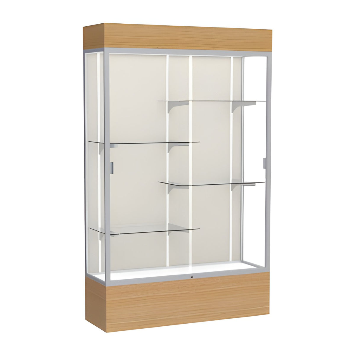Reliant Lighted Natural Oak case, Plaque Fabric Back w/ Satin Natural aluminum frame finish, 80"H x 48"W x 16"D