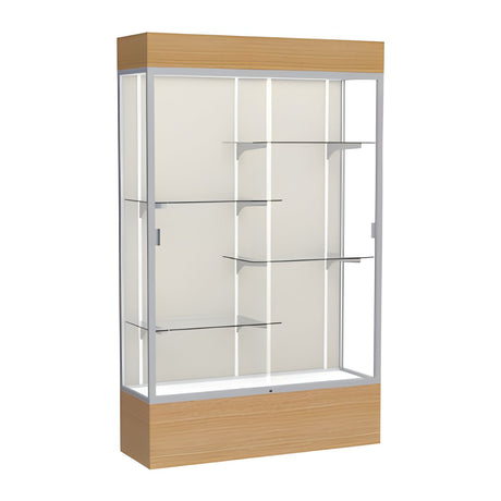 Reliant Lighted Natural Oak case, Plaque Fabric Back w/ Satin Natural aluminum frame finish, 80"H x 48"W x 16"D