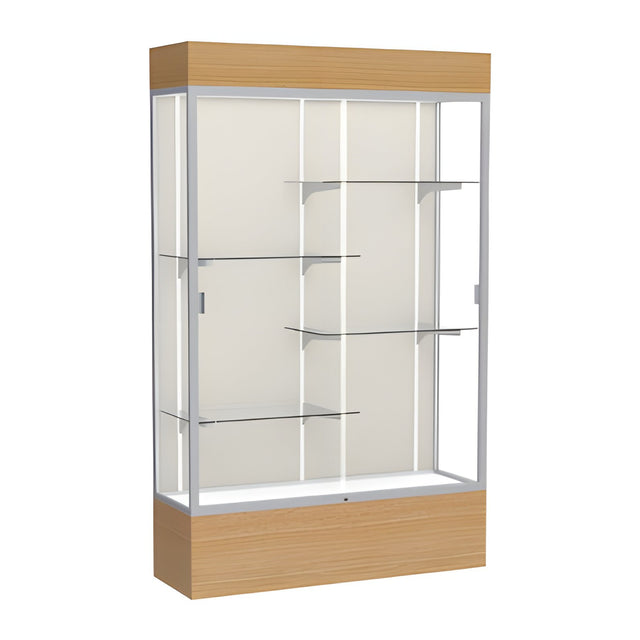 Reliant Lighted Natural Oak case, Plaque Fabric Back w/ Satin Natural aluminum frame finish, 80"H x 48"W x 16"D