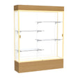 Reliant Lighted Natural Oak case, White Laminate Back w/ Champagne aluminum frame finish, 80"H x 60"W x 16"D