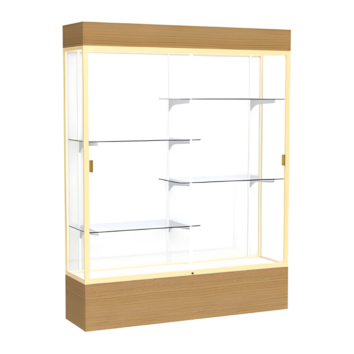 Reliant Lighted Natural Oak case, White Laminate Back w/ Champagne aluminum frame finish, 80"H x 60"W x 16"D