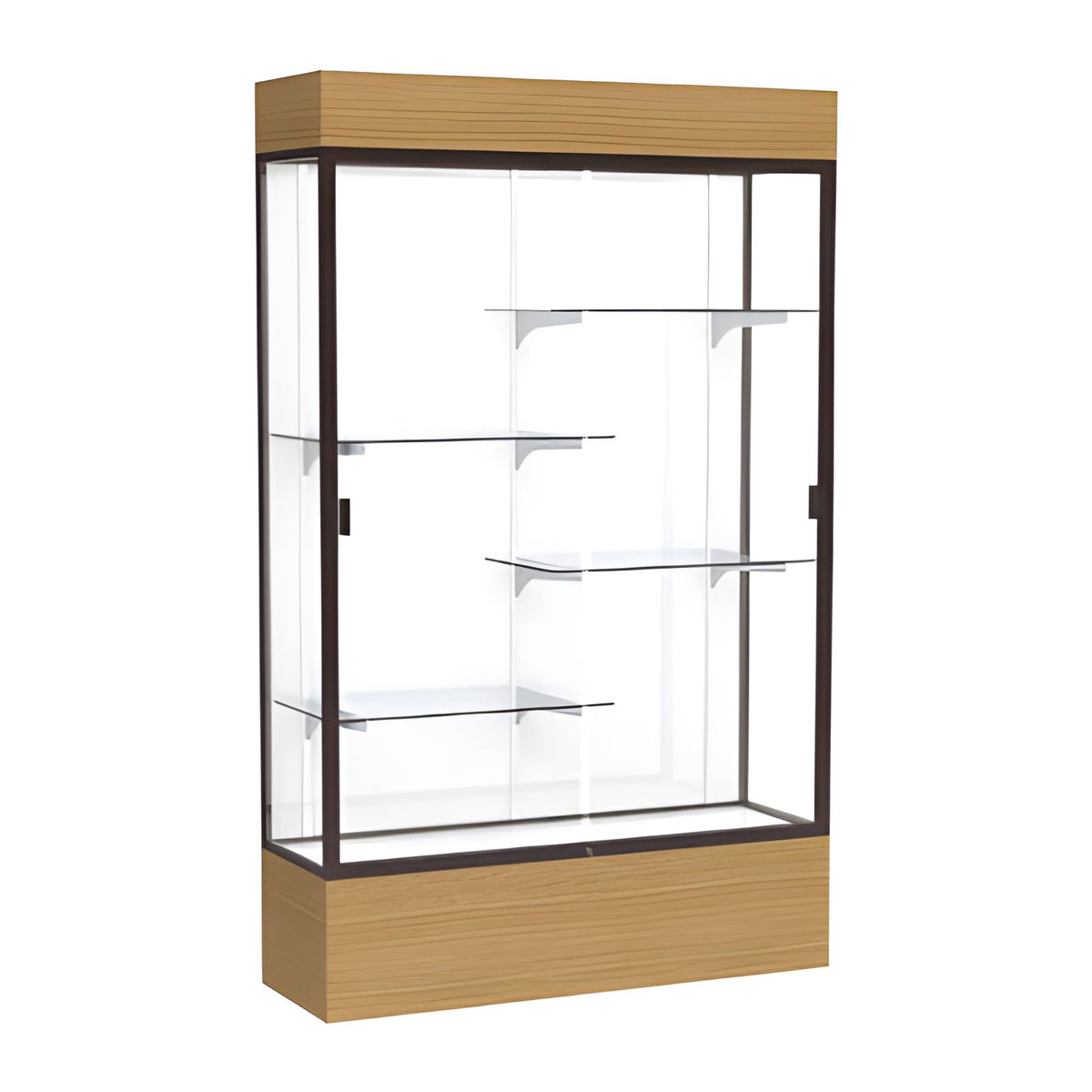 Reliant Lighted Natural Oak case, White Laminate Back w/ Dark Bronze aluminum frame finish, 80"H x 48"W x 16"D