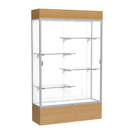 Reliant Lighted Natural Oak case, White Laminate Back w/ Satin Natural aluminum frame finish, 80"H x 48"W x 16"D