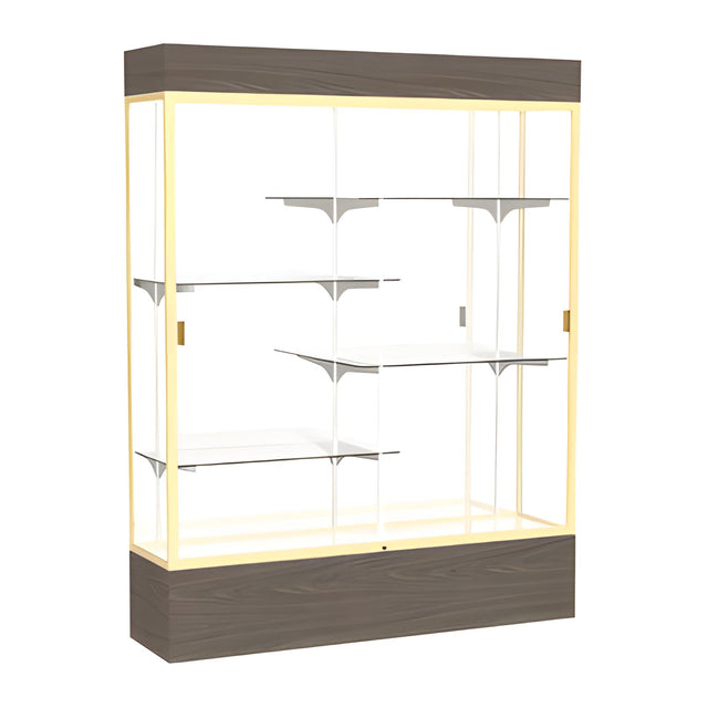 Reliant Lighted Walnut Vinyl case, Mirror Back w/ Champagne aluminum frame finish, 80"H x 60"W x 16"D