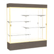 Reliant Lighted Walnut Vinyl case, Mirror Back w/ Champagne aluminum frame finish, 80"H x 72"W x 16"D
