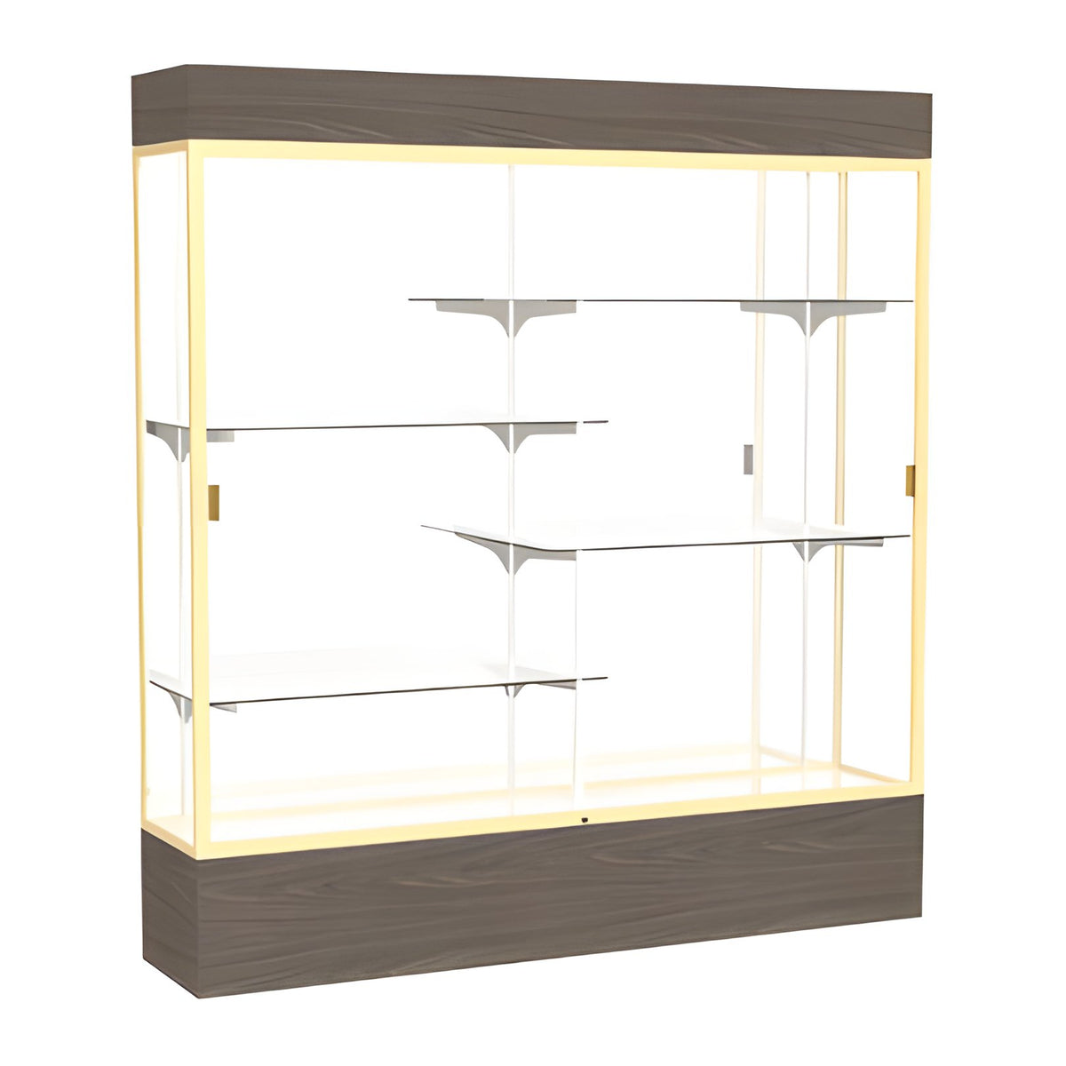 Reliant Lighted Walnut Vinyl case, Mirror Back w/ Champagne aluminum frame finish, 80"H x 72"W x 16"D