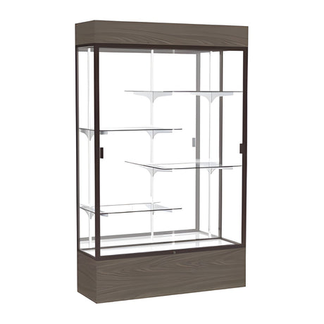 Reliant Lighted Walnut Vinyl case, Mirror Back w/ Dark Bronze aluminum frame finish, 80"H x 48"W x 16"D