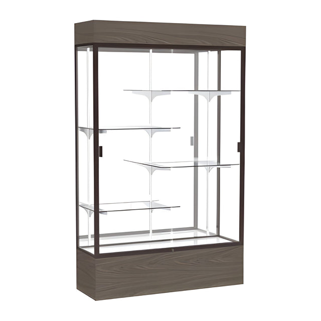 Reliant Lighted Walnut Vinyl case, Mirror Back w/ Dark Bronze aluminum frame finish, 80"H x 48"W x 16"D