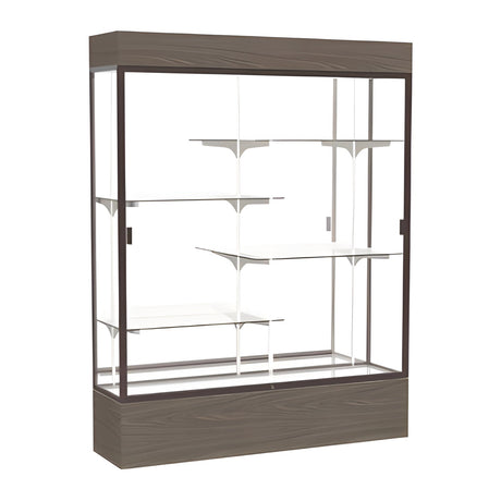 Reliant Lighted Walnut Vinyl case, Mirror Back w/ Dark Bronze aluminum frame finish, 80"H x 60"W x 16"D