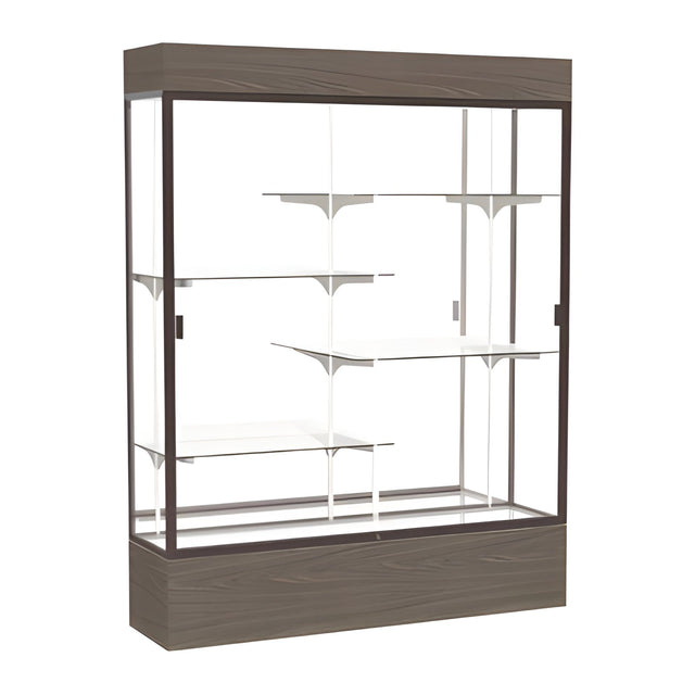 Reliant Lighted Walnut Vinyl case, Mirror Back w/ Dark Bronze aluminum frame finish, 80"H x 60"W x 16"D