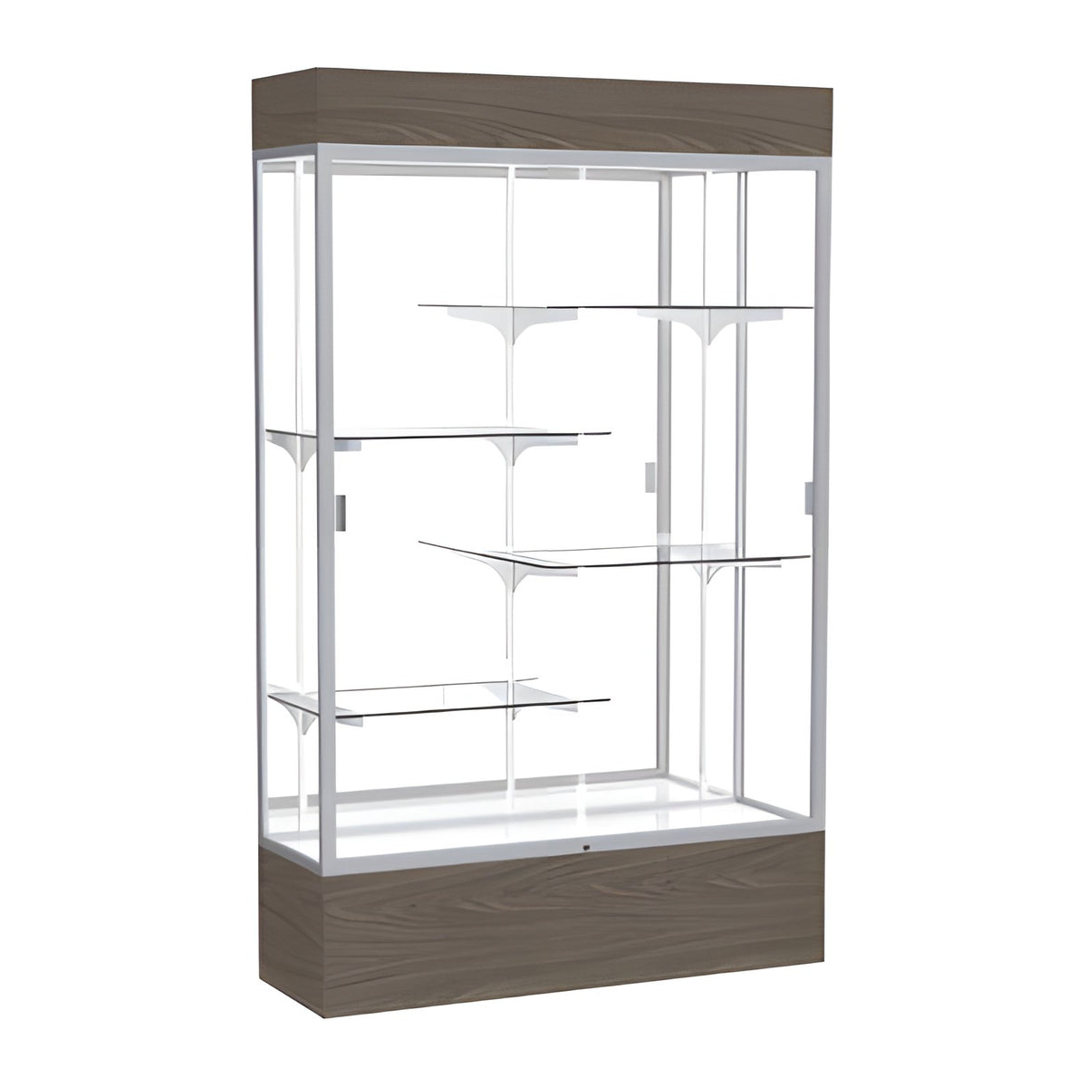 Reliant Lighted Walnut Vinyl case, Mirror Back w/ Satin Natural aluminum frame finish, 80"H x 48"W x 16"D