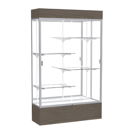 Reliant Lighted Walnut Vinyl case, Mirror Back w/ Satin Natural aluminum frame finish, 80"H x 48"W x 16"D