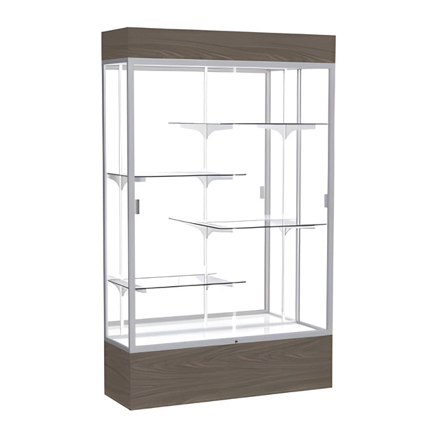 Reliant Lighted Walnut Vinyl case, Mirror Back w/ Satin Natural aluminum frame finish, 80"H x 48"W x 16"D