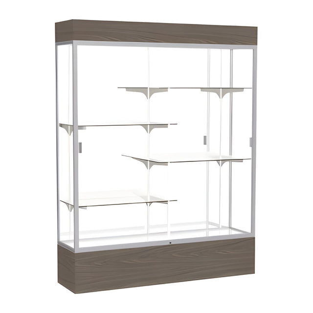 Reliant Lighted Walnut Vinyl case, Mirror Back w/ Satin Natural aluminum frame finish, 80"H x 60"W x 16"D