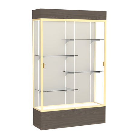 Reliant Lighted Walnut Vinyl case, Plaque Fabric Back w/ Champagne aluminum frame finish, 80"H x 48"W x 16"D