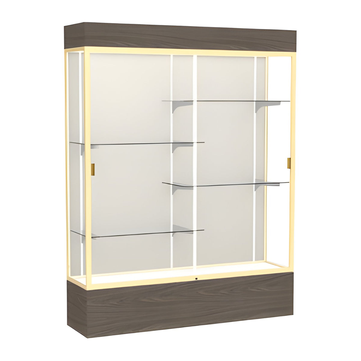 Reliant Lighted Walnut Vinyl case, Plaque Fabric Back w/ Champagne aluminum frame finish, 80"H x 60"W x 16"D