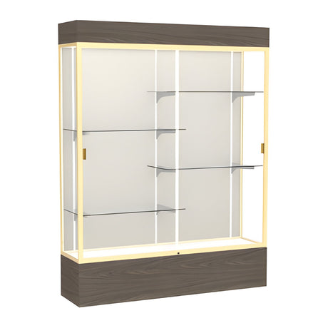 Reliant Lighted Walnut Vinyl case, Plaque Fabric Back w/ Champagne aluminum frame finish, 80"H x 60"W x 16"D