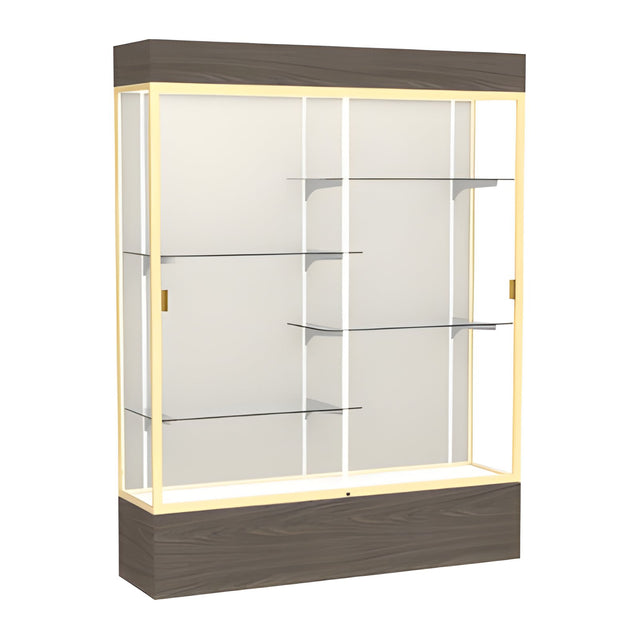 Reliant Lighted Walnut Vinyl case, Plaque Fabric Back w/ Champagne aluminum frame finish, 80"H x 60"W x 16"D