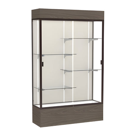 Reliant Lighted Walnut Vinyl case, Plaque Fabric Back w/ Dark Bronze aluminum frame finish, 80"H x 48"W x 16"D
